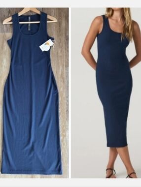Vuori Pose Scoop Dress Blue Coast NWT Ribbed Side Ruching Back Slit Soft Modal